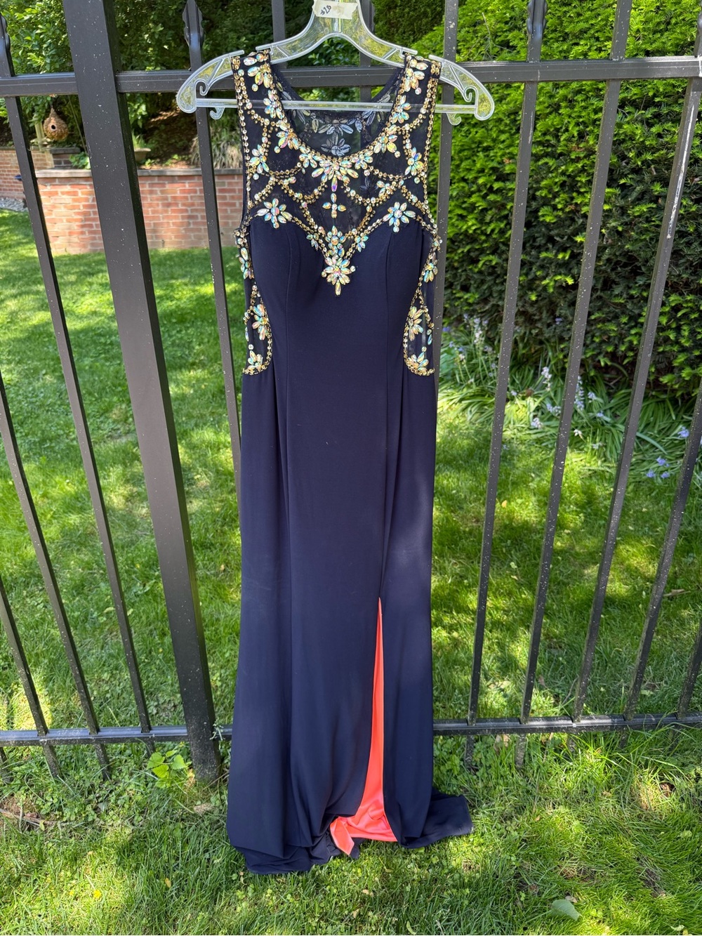 Embellished Navy Evening Gown with Coral Lining